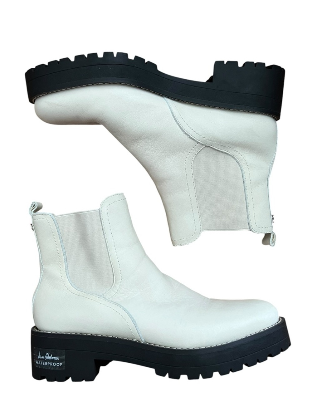 Sam Edelman Justina Waterproof Ivory White Leather Chelsea Boots Lug Sole Size 7
